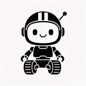 Minimalist black silhouette illustration of a friendly round-faced robot with antenna, simple eyes, and chunky wheels sitting happily on plain white background.