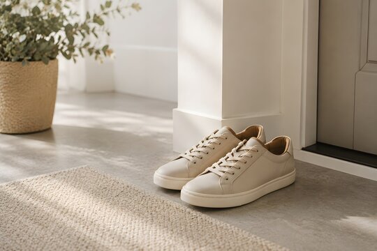 Generic shoes near entryway in soft autumn light