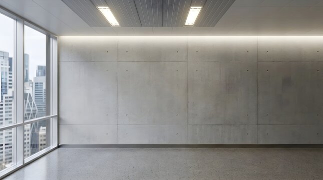 Empty modern office interior featuring raw concrete walls and large glass windows overlooking city skyline view