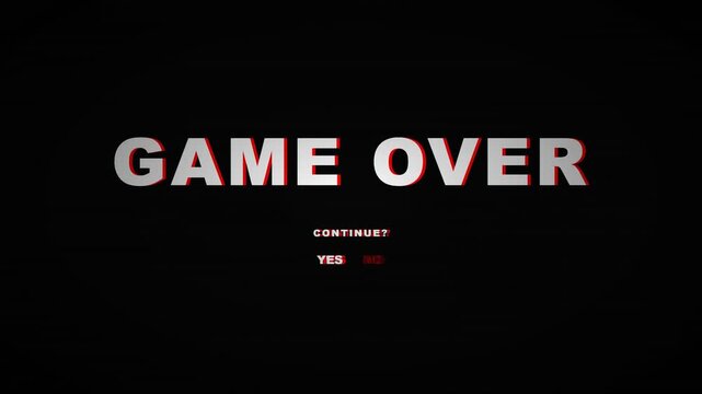 Retro arcade game over motion graphics with continue prompt on a dark scanline display