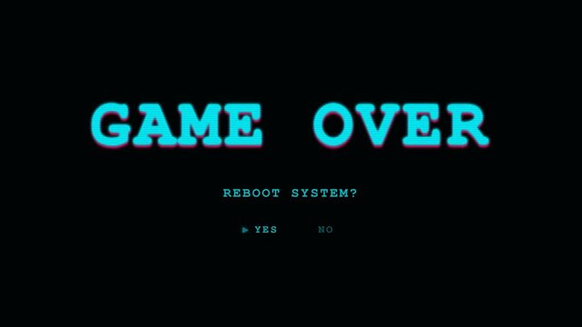 Retro Game Over Screen with Reboot System Prompt and Glitch Effect