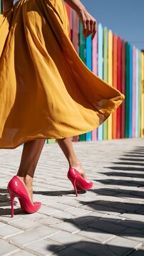 Woman's legs stepping confidently in vibrant pink heels, yellow skirt billowing in the wind, a colorful fence creating a vivid backdrop