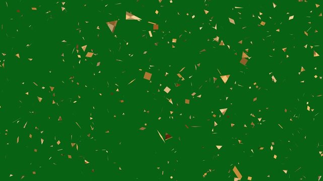Golden confetti burst explosion on green screen, realistic 4k slow motion animation, shimmering gold paper falling, birthday celebration party popper overlay