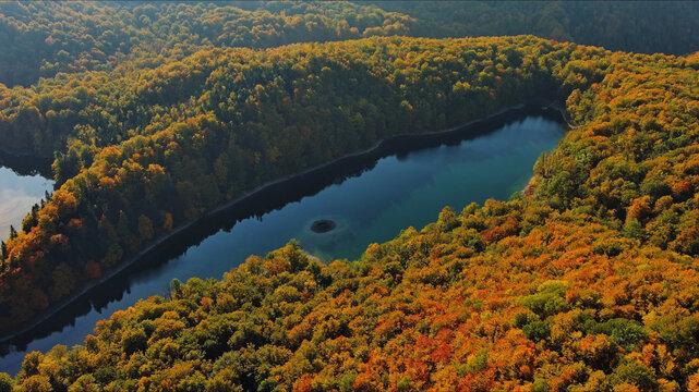 Biogradsko lake surrounded by mountains covered with bright autumn trees