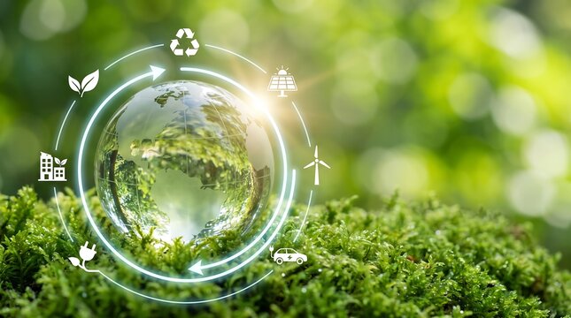 Glass earth globe resting on lush green moss featuring digital icons of sustainable energy and environmental protection technology against a soft natural blurred forest background