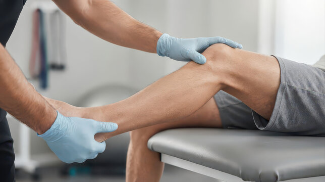 Physical therapy knee rehabilitation with clinician guiding leg movement during clinical treatment for patient recovery and mobility improvement