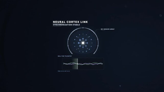 Futuristic brain-computer interface head-up display animation showing neural synchronization telemetry and holographic mind-controlled text input array in a dark sci-fi concept