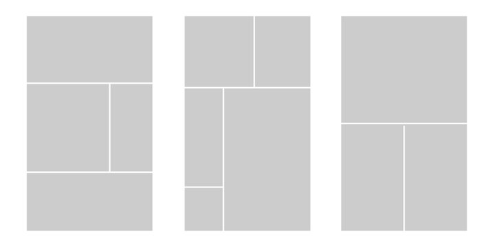 Abstract geometric triptych photo collage template with white frames on grey background