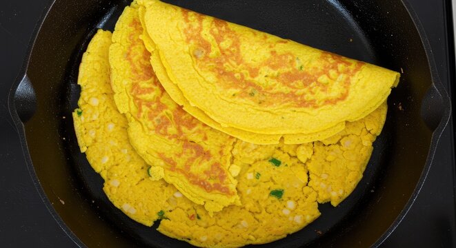 Golden yellow omelette folded in half on a black skillet ready to serve