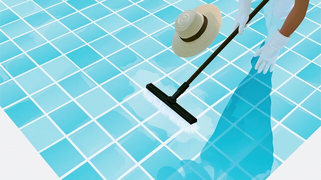 Person cleans a tiled surface with a brush and hat nearby.