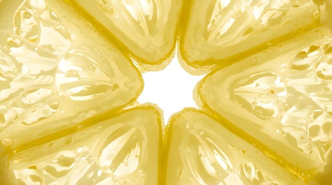 Extreme macro shot of a translucent yellow carambola starfruit slice showing detailed inner pulp and textures against a bright white background