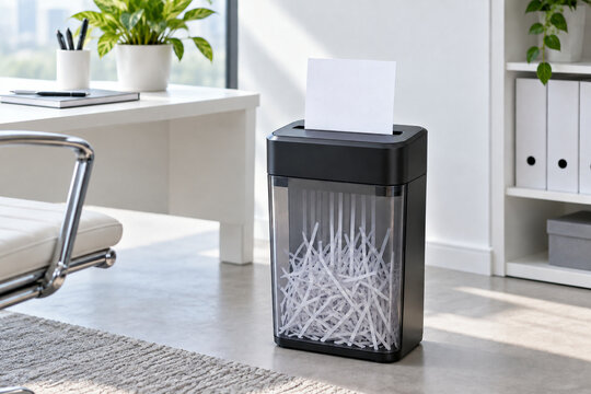 Aktenvernichter mit weissem Papier im hellen B&uuml;ro
