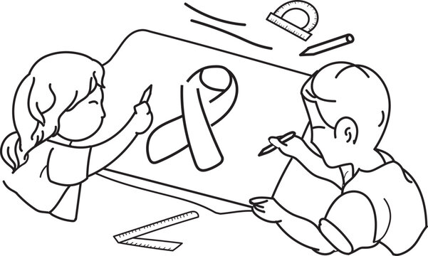 Two children draw a ribbon on large sheet together. One child smiles while holding a pencil. The other concentrates on their sketch. Tools lie scattered nearby. Teamwork, creativity, working together