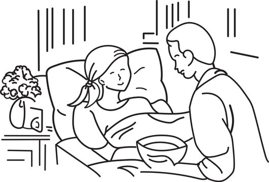 Warm scene shows a woman resting in bed. Man sits beside her, holding a bowl. Soft lines suggest care and comfort. Their expressions hint at gentle concern. Ideal for health, family, care and comfort