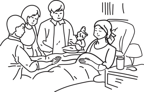 Family gathers around bedridden mother. Mother rests with gentle smile. Parents and child offer quiet comfort. Scene conveys warmth, care, and support.  Patient resting in bed while family members
