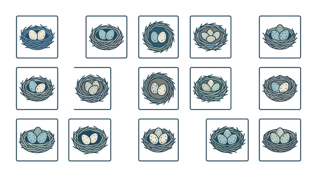 Vector illustration of speckled osprey eggs resting inside a large bird nest constructed from twigs and moss, showing the avian breeding cycle of the Pandion haliaetus species.