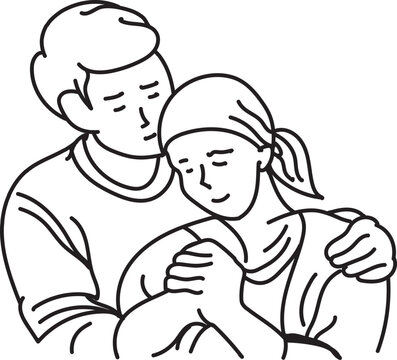 Man holds a girl close, offering comfort. His arms cradle her gently, showing care. Her head rests against his shoulder, eyes closed. He looks down with a calm, supportive gaze. Man hugging woman.
