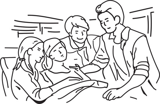 Family caring for and supporting a mother who is resting in bed at home. Father and children gather around her with concern, affection, and emotional support, representing family caregiving, recovery