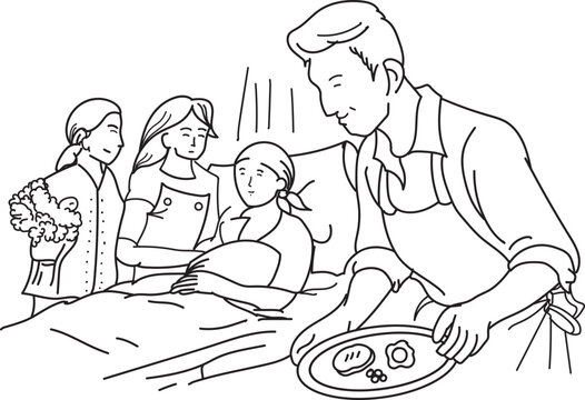 Man serves meal to woman lying in bed. Family gathers nearby, showing care and warmth. Simple lines sketch comforting, caring moment. Ideal for themes of support, recovery, or family care, affection 
