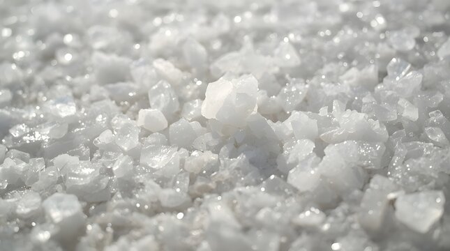 Extreme macro of freshly raked sea salt crystals glistening under natural light on a traditional salt pan