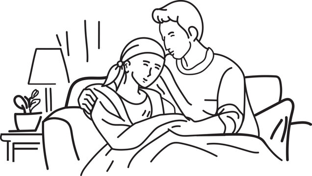 Couple shares tender moment on cozy couch, man gently embraces woman in sofa. Soft lamp casts warm glow nearby. Woman smiles softly eyes closed. Scene evokes comfort, affection husband caring for wife