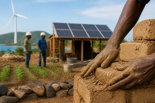 Worker shaping mud bricks near renewable energy installation