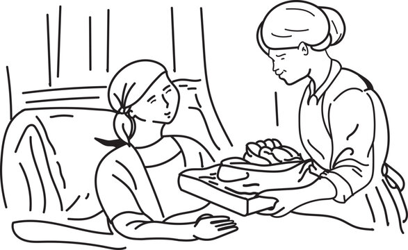 Woman serves food to a seated woman. They share  quiet, tender moment. The woman looks up with gentle curiosity. The scene suggests care, warmth, comfort, patient care, caregiving, bedside assistance 