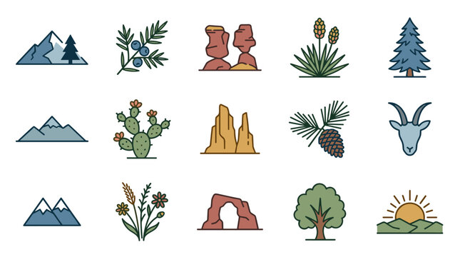 Flat vector illustration of Pikes Peak mountain summit and snowy peak viewed from the Garden of the Gods public park featuring red sandstone rock formations and pine trees.