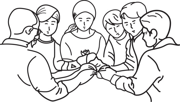 Family of five putting hands together in circle unity around sick mother with headscarf holding rose isolated on white background, family support. Sick woman with head covering holding flower 