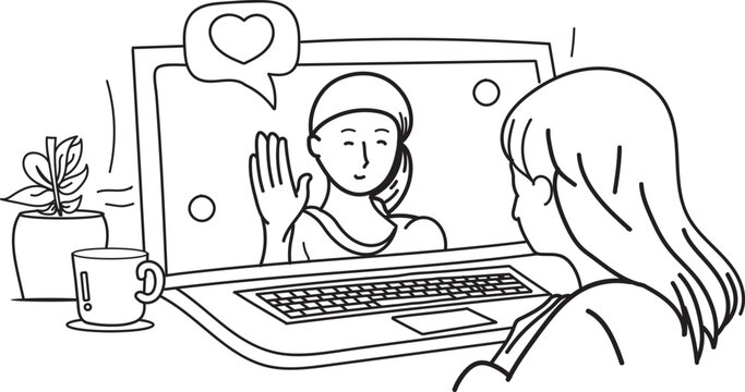 Art illustration of woman video calling sick woman with headscarf on laptop isolated on white background, remote caregiving. Telehealth, remote support, illness, cancer patient, chemotherapy, medical
