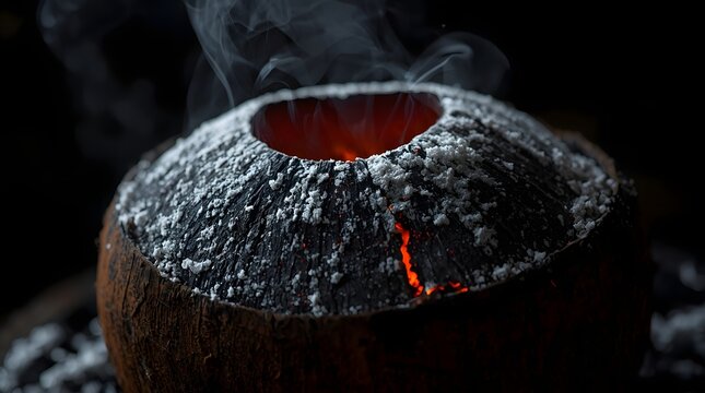 Close up of glowing coconut shell charcoal burning with orange embers and rising smoke in a dark atmospheric culinary setting