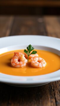 Shrimp bisque presenting a luxurious dining experience, featuring rich seafood soup garnished with fresh parsley