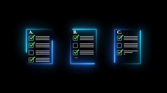 Three Checklist Document Layouts with Green Check marks and Futuristic Neon Frames on Black Background.
