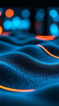 Digital data flowing across a glowing wave surface, visualizing future technology and network concepts