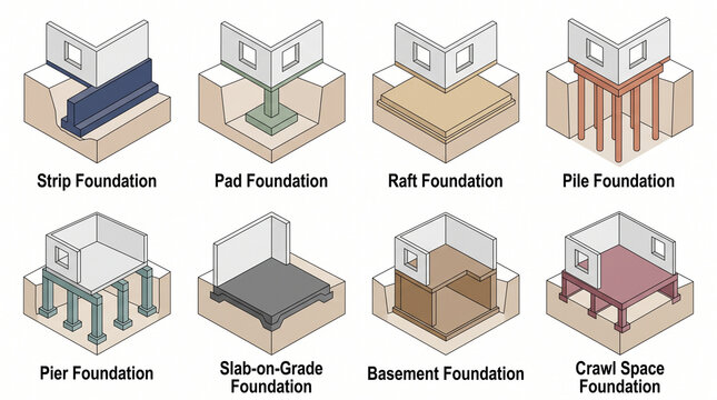 Residential Foundation Types Architectural Reference Chart with Labeled Systems