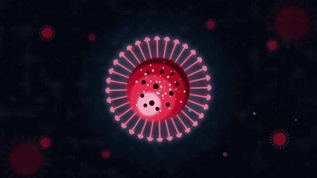 Animated illustration of a virus particle with spikes, representing disease and contagion, dark background