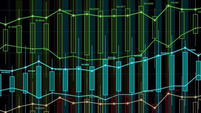 Digital stock market candlestick chart with glowing neon lines showing financial data analysis on a overlay background for business and investment
