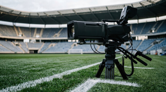 Professional television broadcast camera set up inside empty stadium