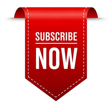 Subscribe now red banner tag with white text isolated on white background for marketing web design
