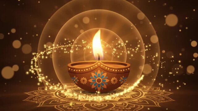 Illustrated diya glowing on golden mandala with radiating light rays, animated Diwali greeting background