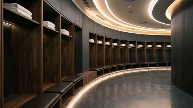 Modern curved locker room interior with wooden closets and towels