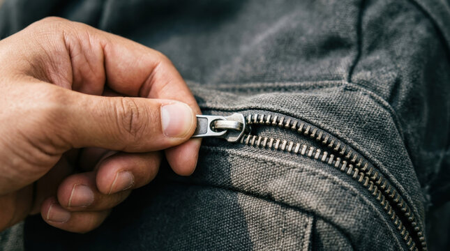 Close up of person hand pulling zipper on dark grey canvas bag