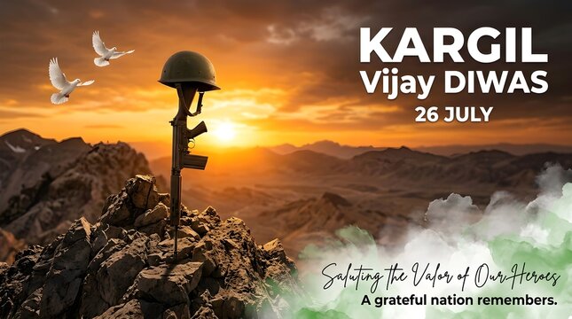Kargil Vijay Diwas 26 July commemorative poster, fallen soldier memorial with helmet and rifle, mountain landscape at sunset with white doves