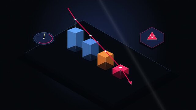 Isometric falling graph with red arrow shows financial decline, data analysis, business recession, digital screen