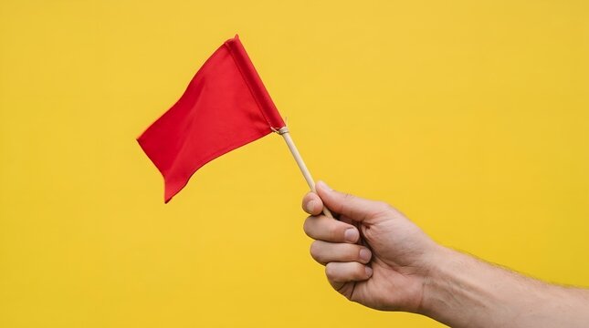 A person holding a small red flag on a wooden stick against a bright yellow wall.