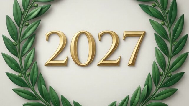 A golden number centered inside a classic green laurel wreath