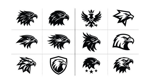 Black and White Eagle Head Logos with Different Stylized Designs on Transparent Background