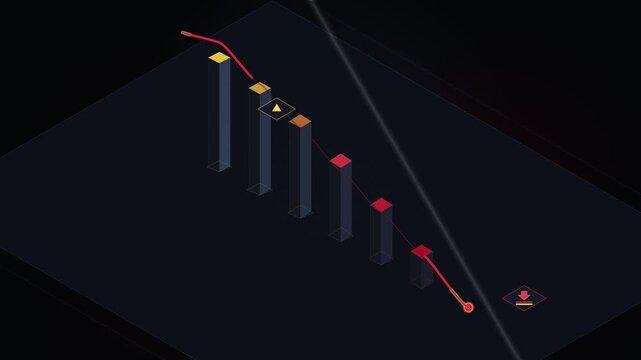 abstract data chart visualization with falling bars and line graph in red and yellow on dark background, motion graphic loop