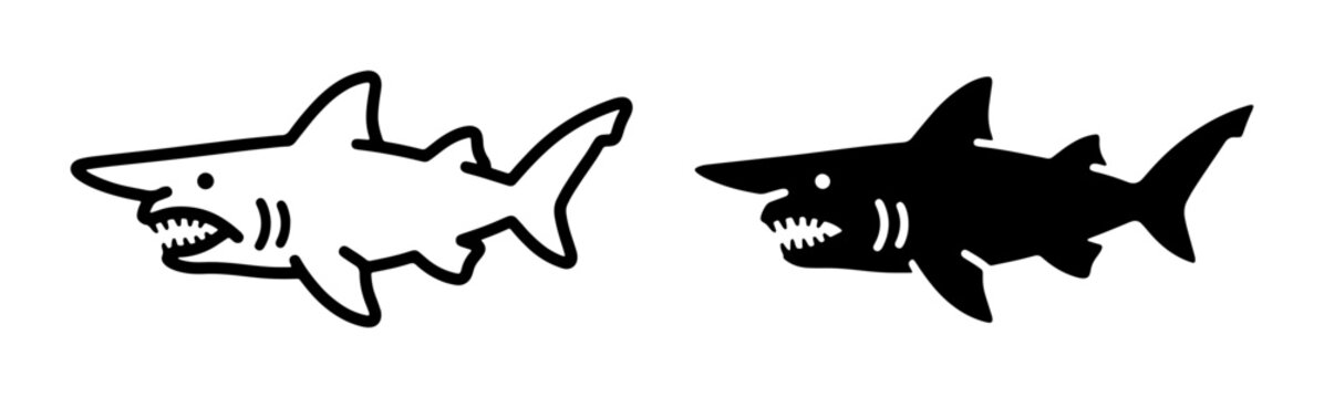 Two Shark Icons: Outline and Silhouette, Fierce Marine Predators, Ocean Wildlife Graphics