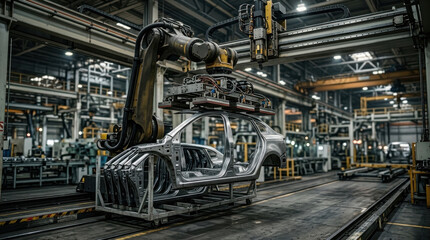 Fototapeta premium Automated robotic arm manufacturing car body in modern factory